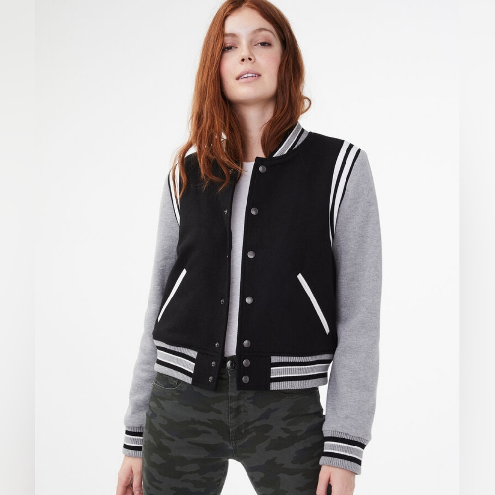 Aeropostale Black, White and Gray Varsity Snap-Front Jacket